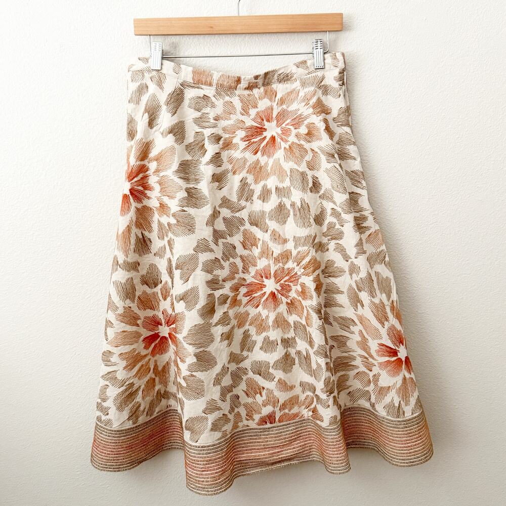 COLDWATER CREEK | Boho Retro Skirt Floral Stripes Embroidered Linen | Medium